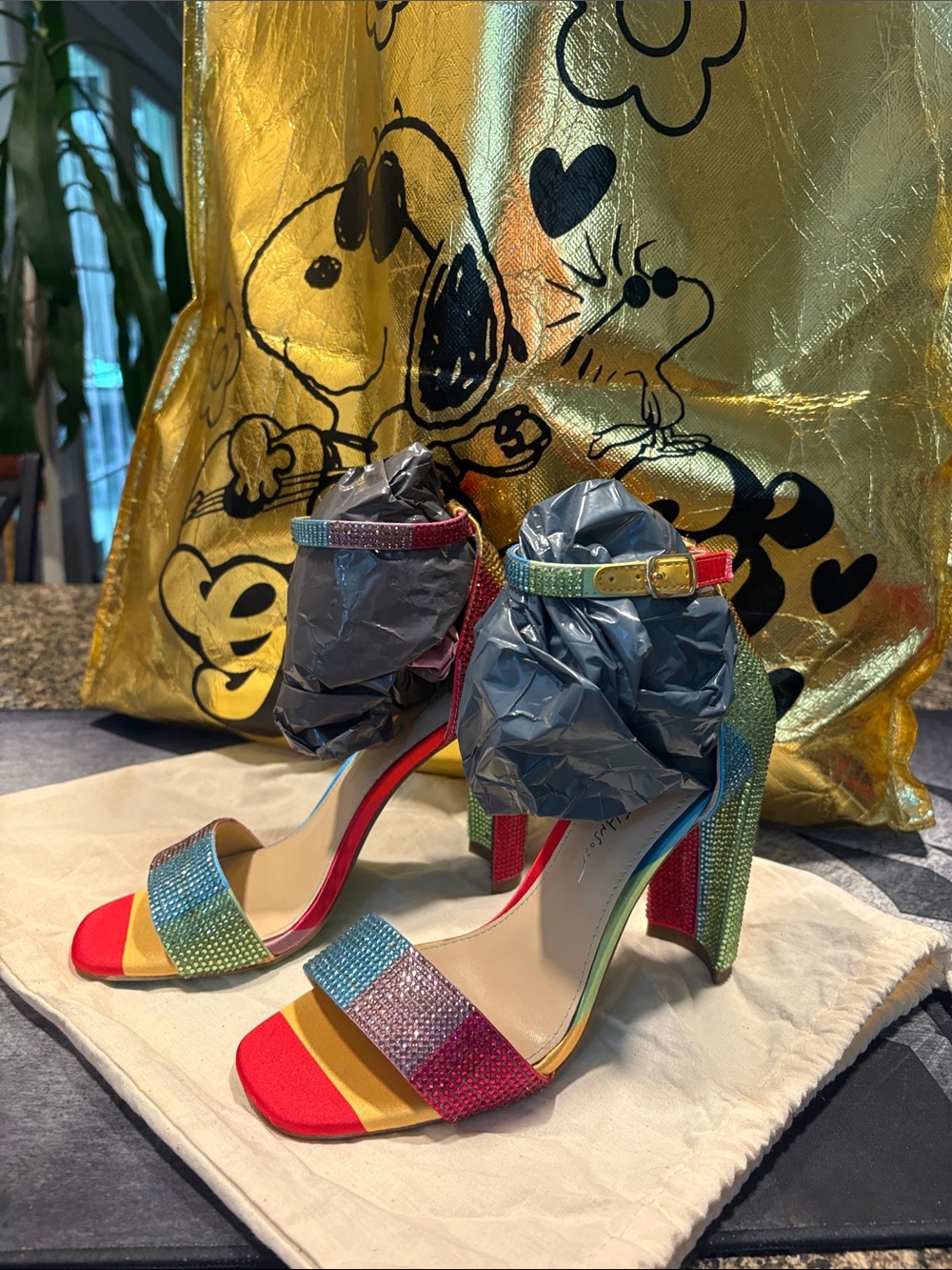 Betsey Johnson Rainbow Crystal Block Heel Sandals